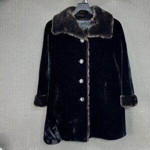 Vintage Sportowne  Faux Fur Black Coat With Brown Trim Button Up Ultra-Seal